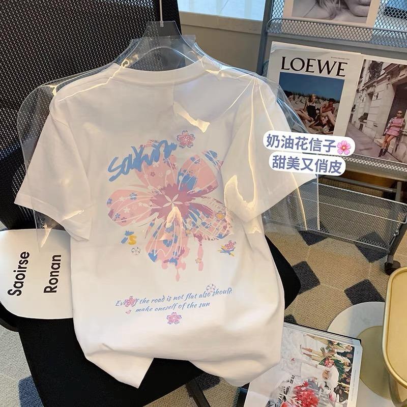 White short-sleeved T-shirt women s summer high street sweet cool loose versatile niche flower graffiti print small top M