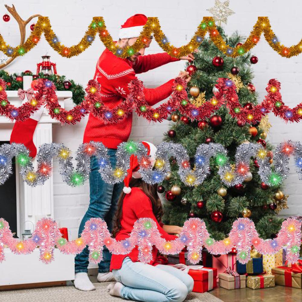 1 ks Vánoční třpytivá girlanda metalická lesklá s 50 LED světýlky strom silné závěsné dekorace na vánoční večírek vnitřní venkovní