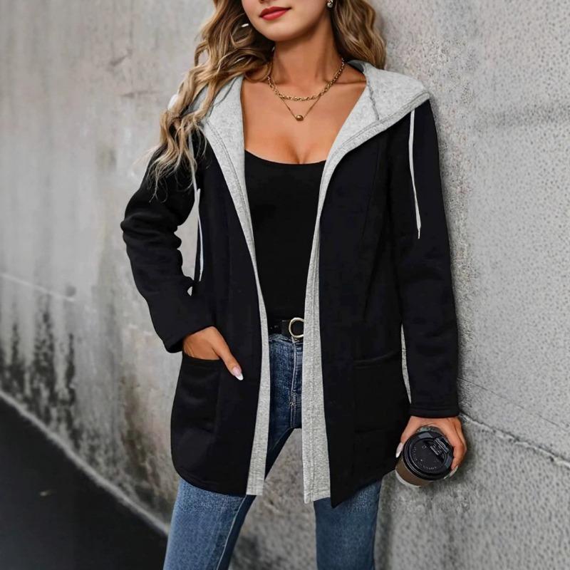 Women S Casual Hooded Cardigan Sweatshirt Color Block Autumn