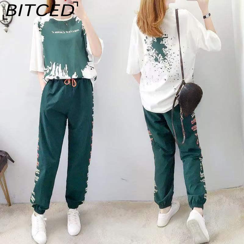 BITCED Casual Sportswear Set for Women, Loose Summer Haren Long Pants, Short Sleeves, Student Two-piece Set
