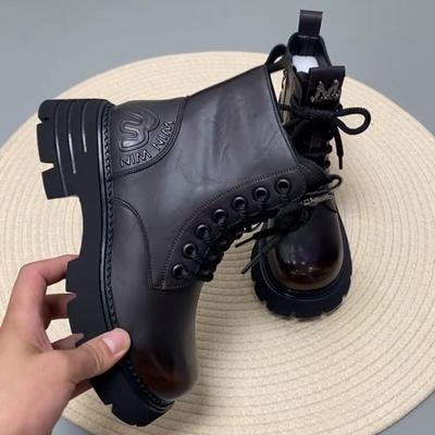 Women's Black Height-Increasing Thick-Soled Martin Boots - 2025 Autumn/Winter British Style, Plus Velvet, Street-Style Short Boots