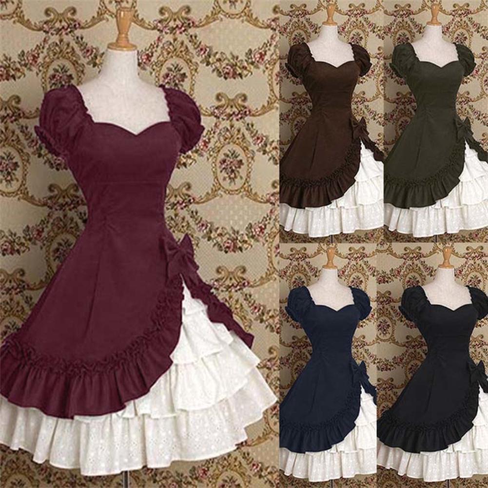 Lily Lady Medieval Ruffle Bow Tiered Lolita Women Dress Short Sleeve Ball Gown