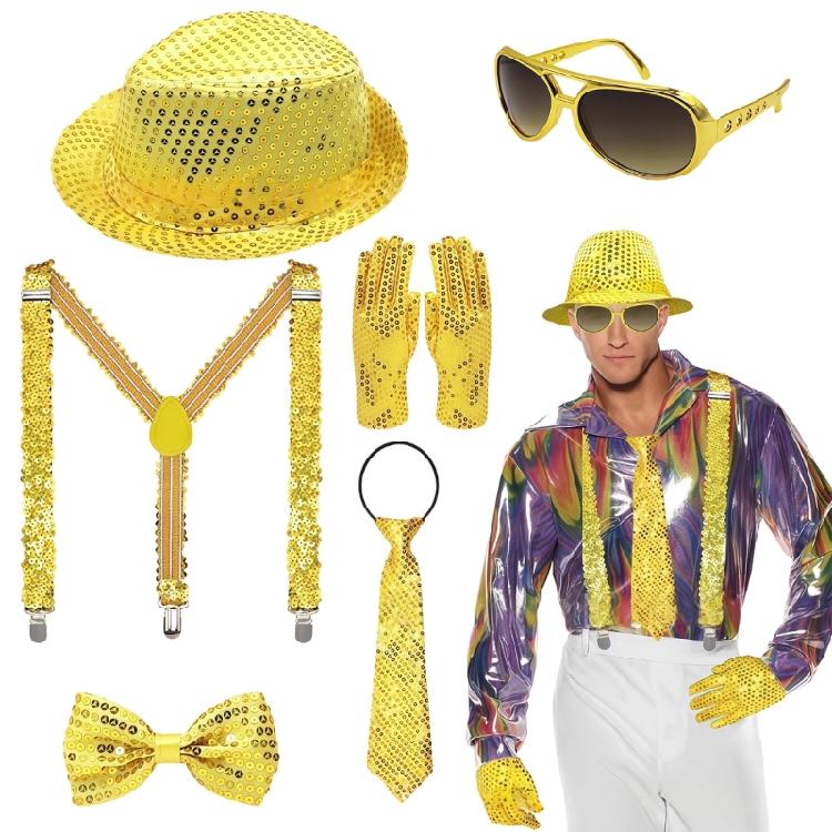 3/4/5/6 Pezzi Cappello con Bretelle Papillon Guanti da Costume da Stella della Danza Uomo Anni '80 '90 Abiti da Palco per Halloween Cosplay Festa