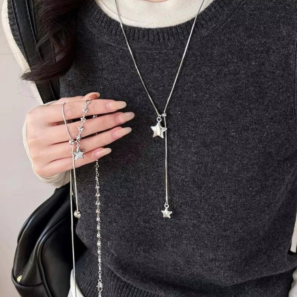 Asymmetrical Design Star Pendant Necklace Silver Adjustable Chain Necklace Unisex