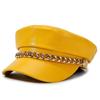 Metal Chain Decor Newsboy Cap PU Leather Flat Top Cap Stylish Baker Boy Cap  For Women
