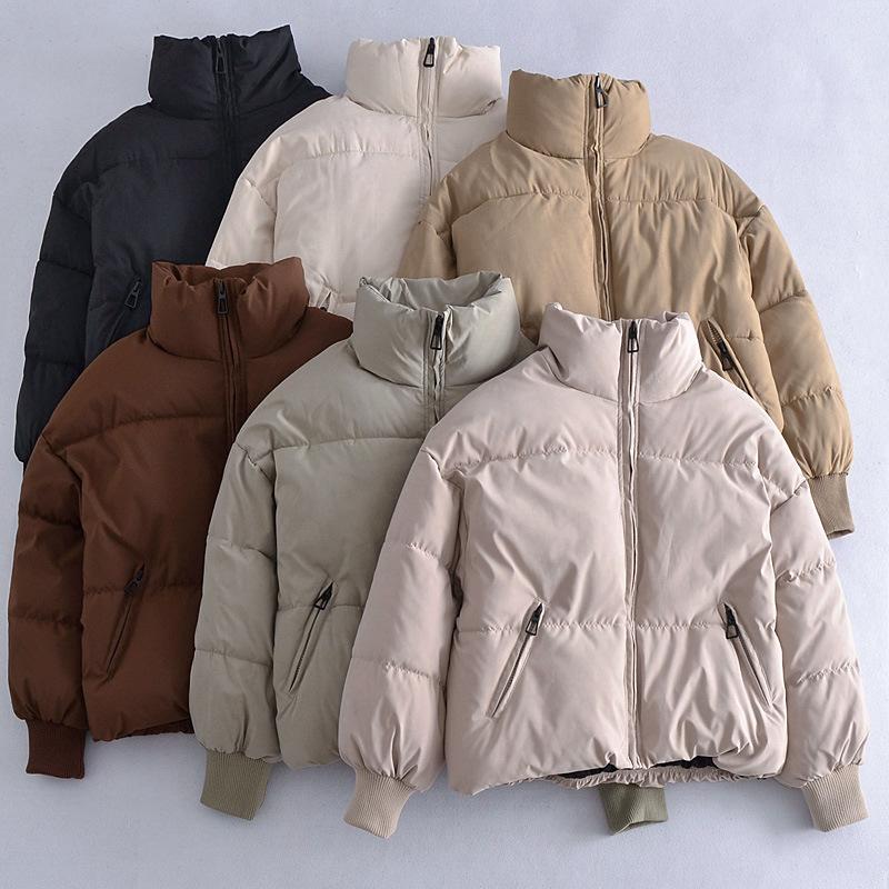 Automne Hiver Femmes Doublure En Coton Court Parka Veste Manteau avec Col Montant Couleur Unie Style Preppy Épais Poches À Fermeture Éclair Oversize XS-L