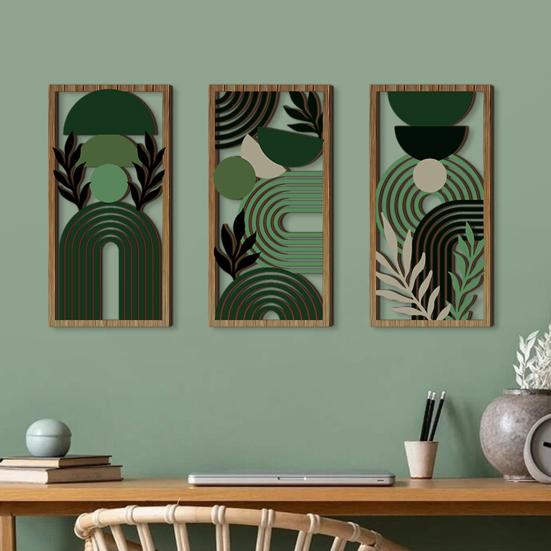 3 Pcs Boho Wood Wall Art Decor Minimalist Plants Geometric Hollow-out Hanging Ornament Abstract Wall Sculptures for Home Living Room Bedroom Kitchen