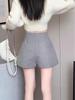 Women's High-Waist Woolen A-Line Booty Shorts - Black, Slimming Autumn/Winter Outerwear