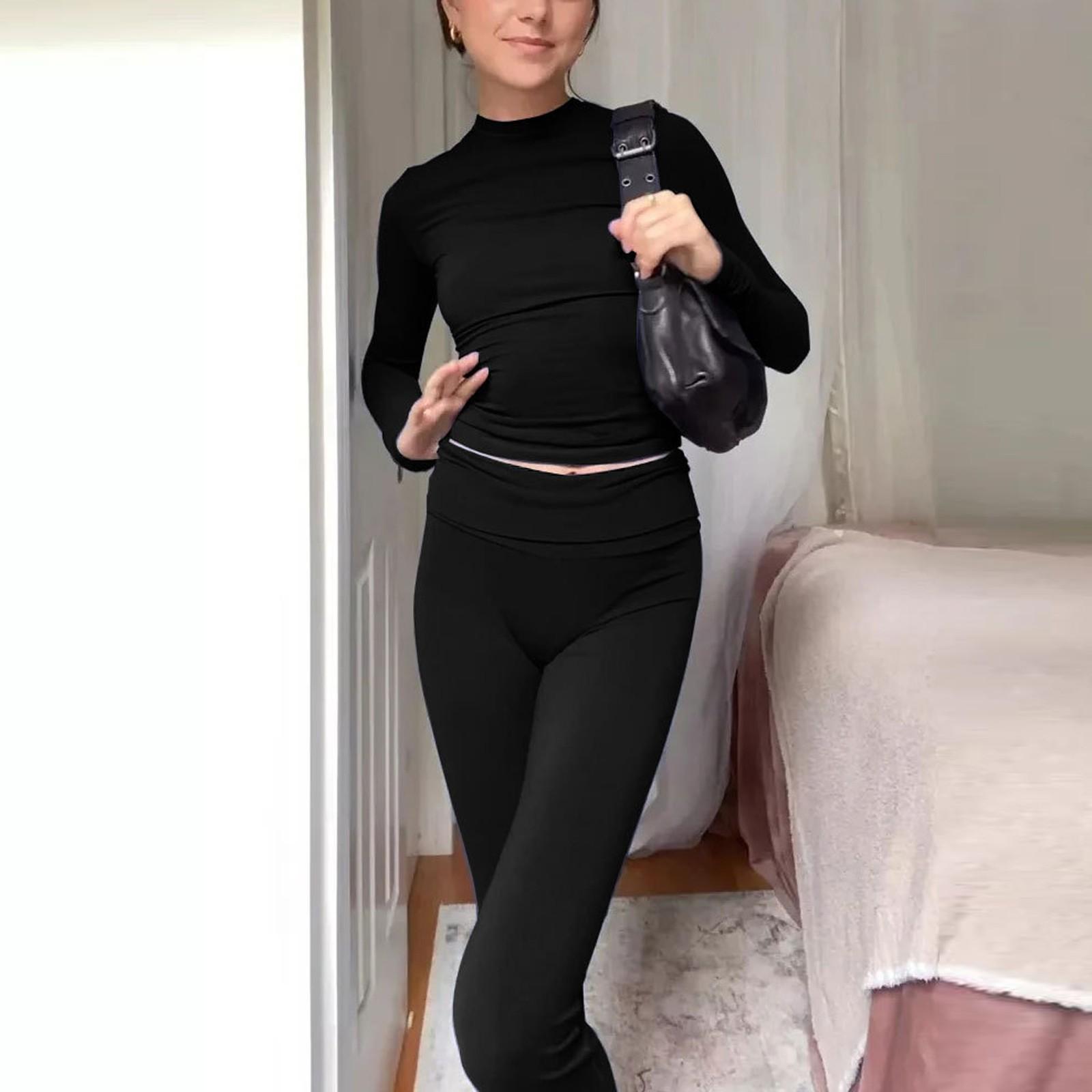 

Женская мода, однотонный топ с круглым вырезом и длинными рукавами, широкие брюки, комплект XL чёрный