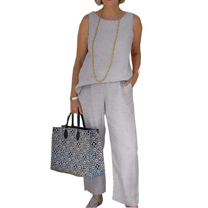 Women Sleeveless Tank Top And Wide Leg Pants Set Solid Color Casual Loose Fit Two Piece Outfits Summer Wear