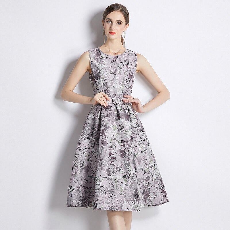 

Летнее винтажное жаккардовое вечернее платье с цветочным принтом, женское бальное платье без рукавов с круглым вырезом на бретелях, вечернее платье миди с поясом L розовый