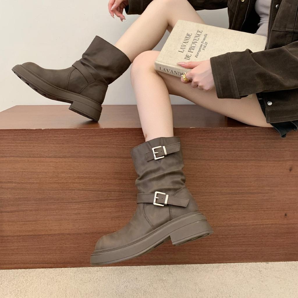 [] Women's thick-legged big tube circumference thick-soled low boots, knight boots, two wear autumn retro large-size women's boots