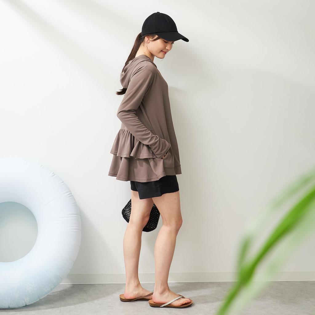 Rash Back Frill Over UV Brown Size Size L Spo-Pan Women's Guard, Hoodie, Amphibious, 95% Protection, Moisture-Wicking, Quick-Drying, Beige, 314061,