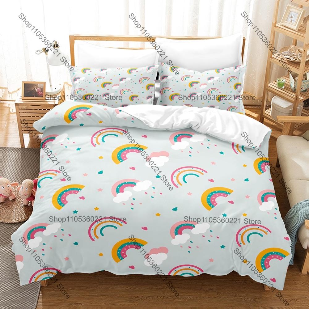 Ensemble de literie arc-en-ciel dessin animé Simple Jumeau Complet Queen King Size Ensemble de lit Chambre d'adulte Housses de couette Ensembles de draps de lit Anime 100x130CM