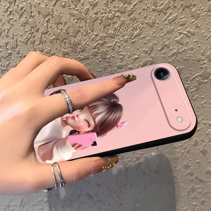 Cartoon Cute Girl Case for iPhone 7 8 15 16 14 Plus Air XS Max XR 13 12 11 17 Pro Max Black Soft Phone Cover