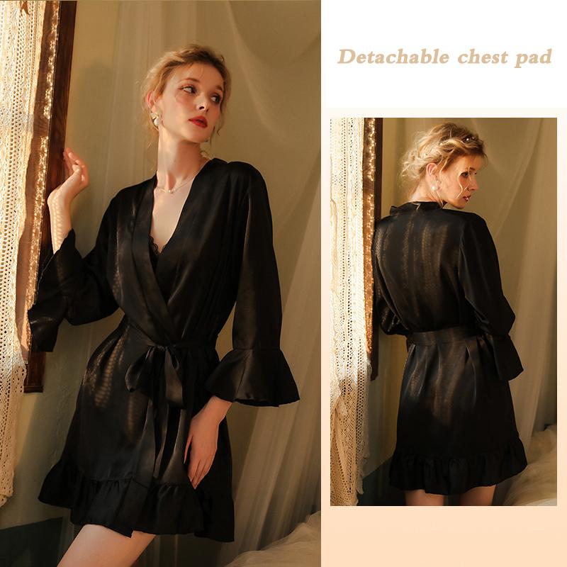 

Женская сексуальная шелковая свадебная пижама с половиной рукавов и манжетами в виде листьев лотоса L чёрный