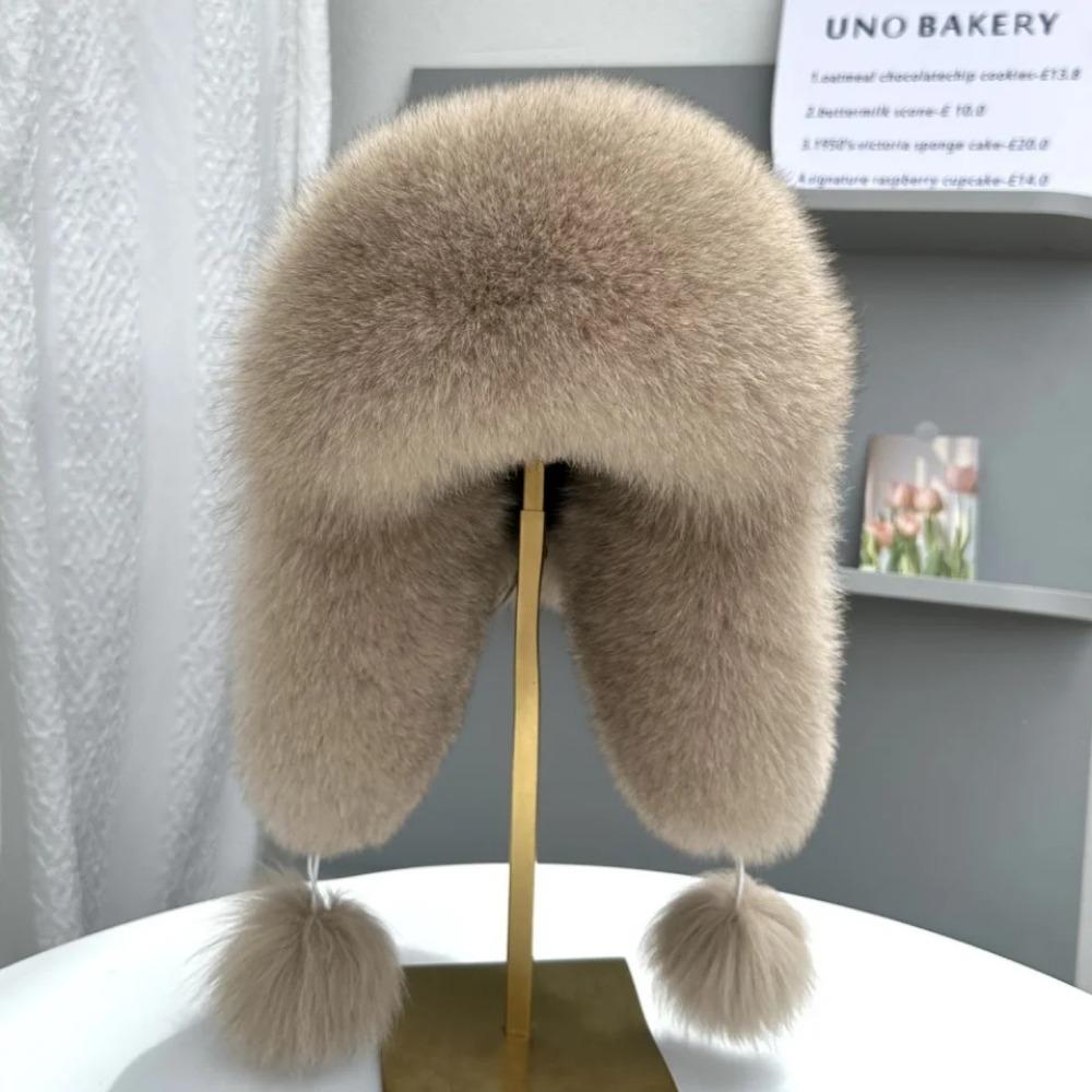 Damska czapka z lisiego futra chroniąca uszy, modna, luksusowa czapka bomberka z prawdziwego futra lisiego, zimowa czapka outdoorowa z miękkiej skóry owczej dla dziewcząt