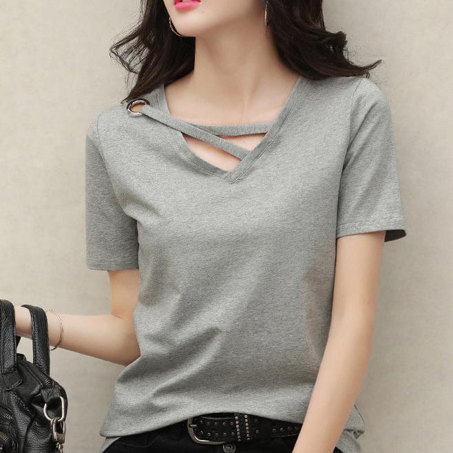 Moda Verão Feminina Camiseta Gola V Solta Cor Sólida Top Camiseta Casual