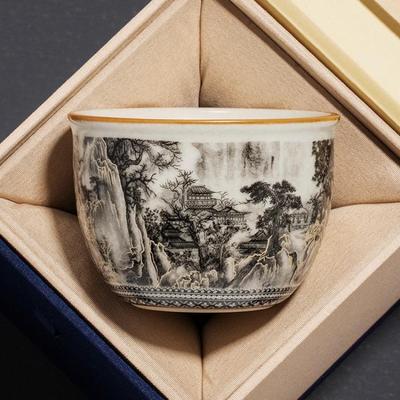65ML Ru Ofen Tinte Landschaft Runde Dreifuß Teetasse, Persönliche High-End Meistertasse, Einzelne Tasse, Öffnung, Nährende Keramik Teetasse