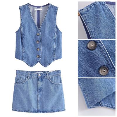 Women Denim Vest Skirt V Neck Sleeveless Single-breasted Cardigan Waistcoat Solid Color Pockets Slim Fit Button Zipper Closure Mini Skirt