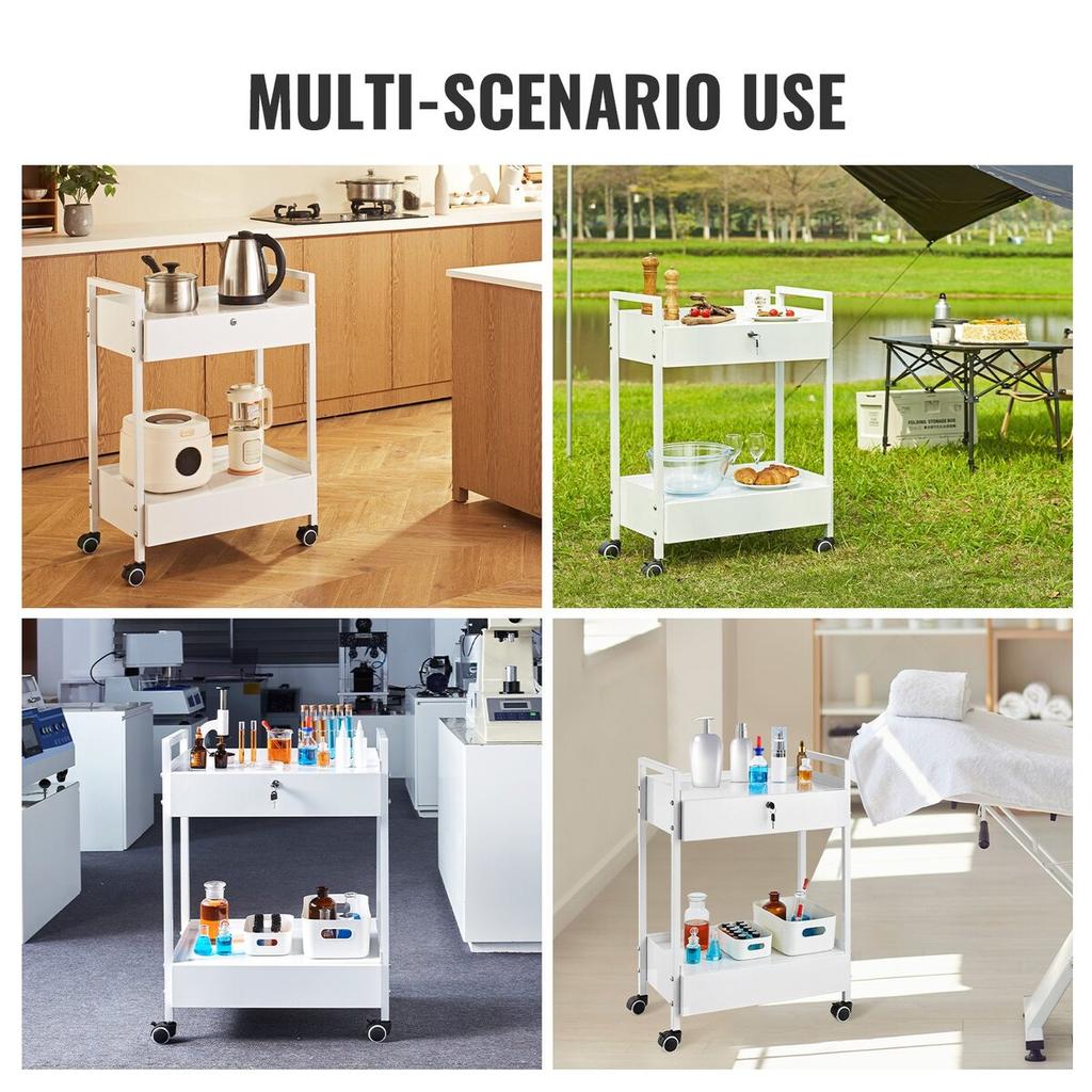 Lab Cart, 2 Tiers Stainless Steel Utility Cart, Medical Cart with 2 Drawers, Rolling Lab Cart White Paint, Serving Cart with Swivel Casters for
