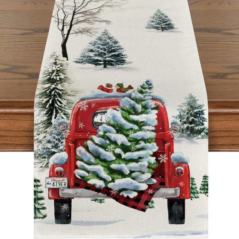 Festive Christmas Table Runner & Placemats Set - Cute Cartoon Print Heat-Resistant Coasters for Party Decor