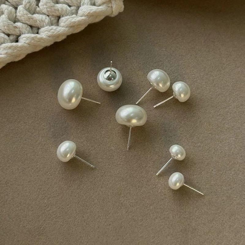 Silver Color 6/8/10/12/14MM Bread Pearls Stud Earrings For Women Classic Fine Jewelry Light Luxury Accessories