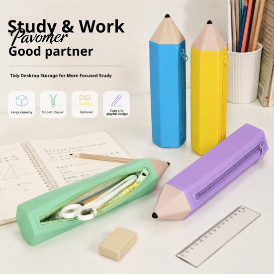 Multipurpose Storage Bag Students Silicone Pencil Case with Zipper, Waterproof Shaped School Stationery Pouch, Large Organizer for Pens, Erasers,