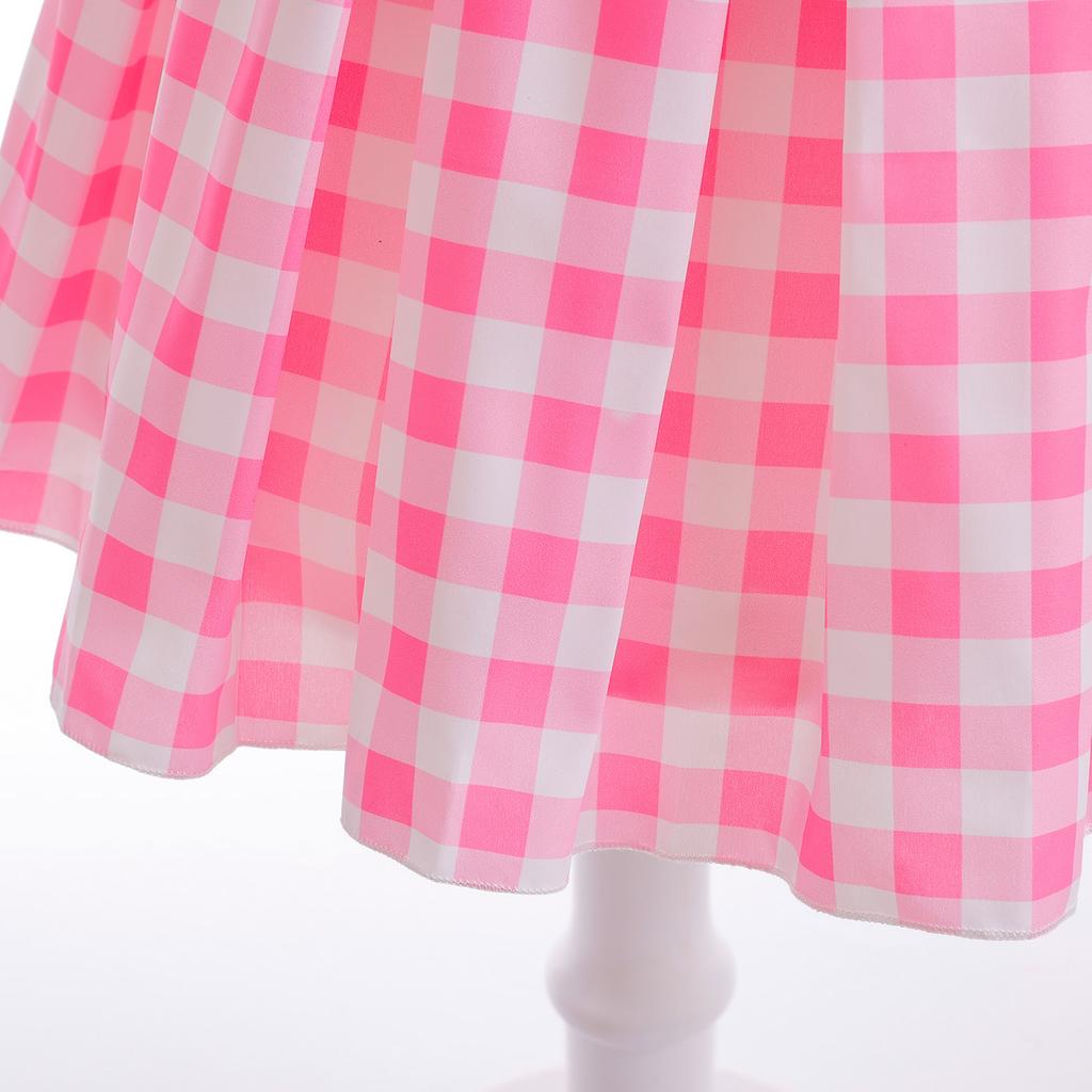 Children Cosplay Movie Clothes Princess Dress Girls Suspender Plaid Waist Fashion Pink Long Dresses with Bow Hair Accessories