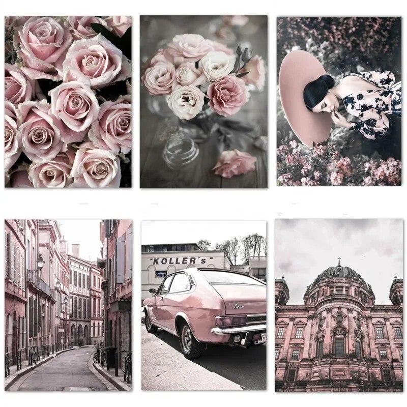 Rose Flower Pink Car Street Girl Building Wall Art Canvas Painting Nordic Posters And Prints Wall Pictures For Living Room Decor