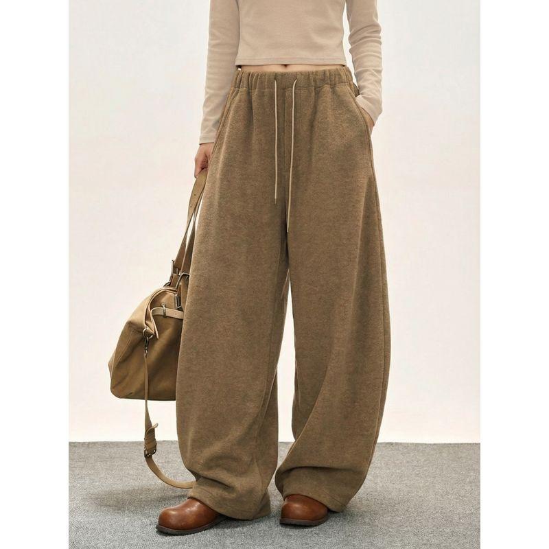 Shiyiyue Sporty Loose Casual Pants for Women, Autumn and Winter Elastic Waist Fleece-Lined Sweatpants with Drawstring, Straight Wide-Leg Long Pants