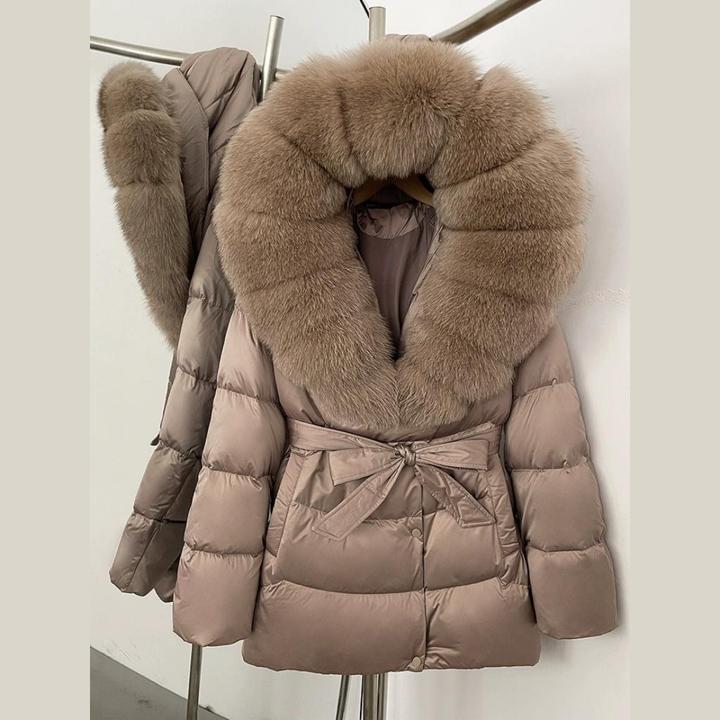 Winter Fox Big Fur Collar High-end Thickened Down Jacket Women's Mid-length Waist Imitation Leather Jacket