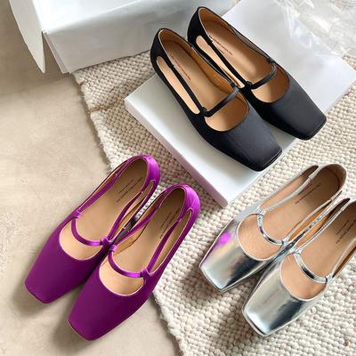 Mary Jane Series~ One-word Silver Small Single Shoes, Light Mouth Square Head Flats 2025 Spring Niche Brand Women's Shoes