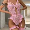 Women Sexy Bodysuit with Thigh Rings Backless Sleeveless Hollow Out Thin See-through Lace Flower Embroidery Spaghetti Strap Skinny Lady Wedding Night