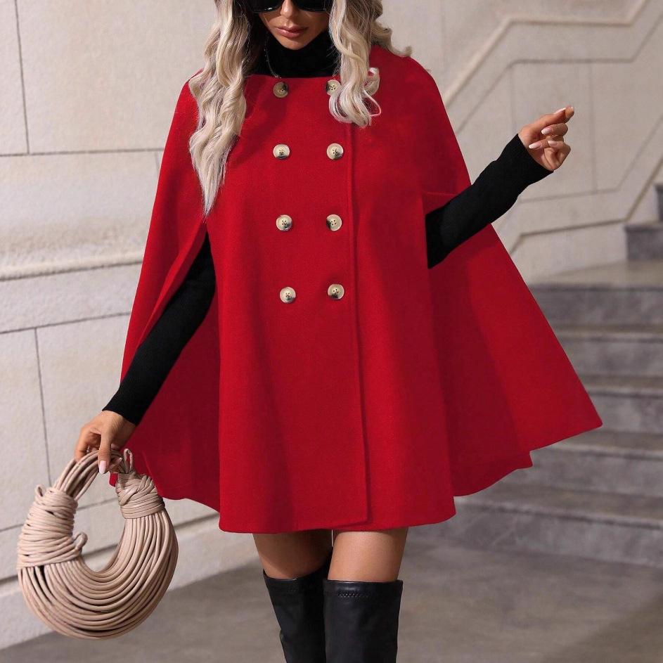 

Autumn and winter high-end cape woolen coat women s medium and long double-breasted loose and thin coat 2XL червоний