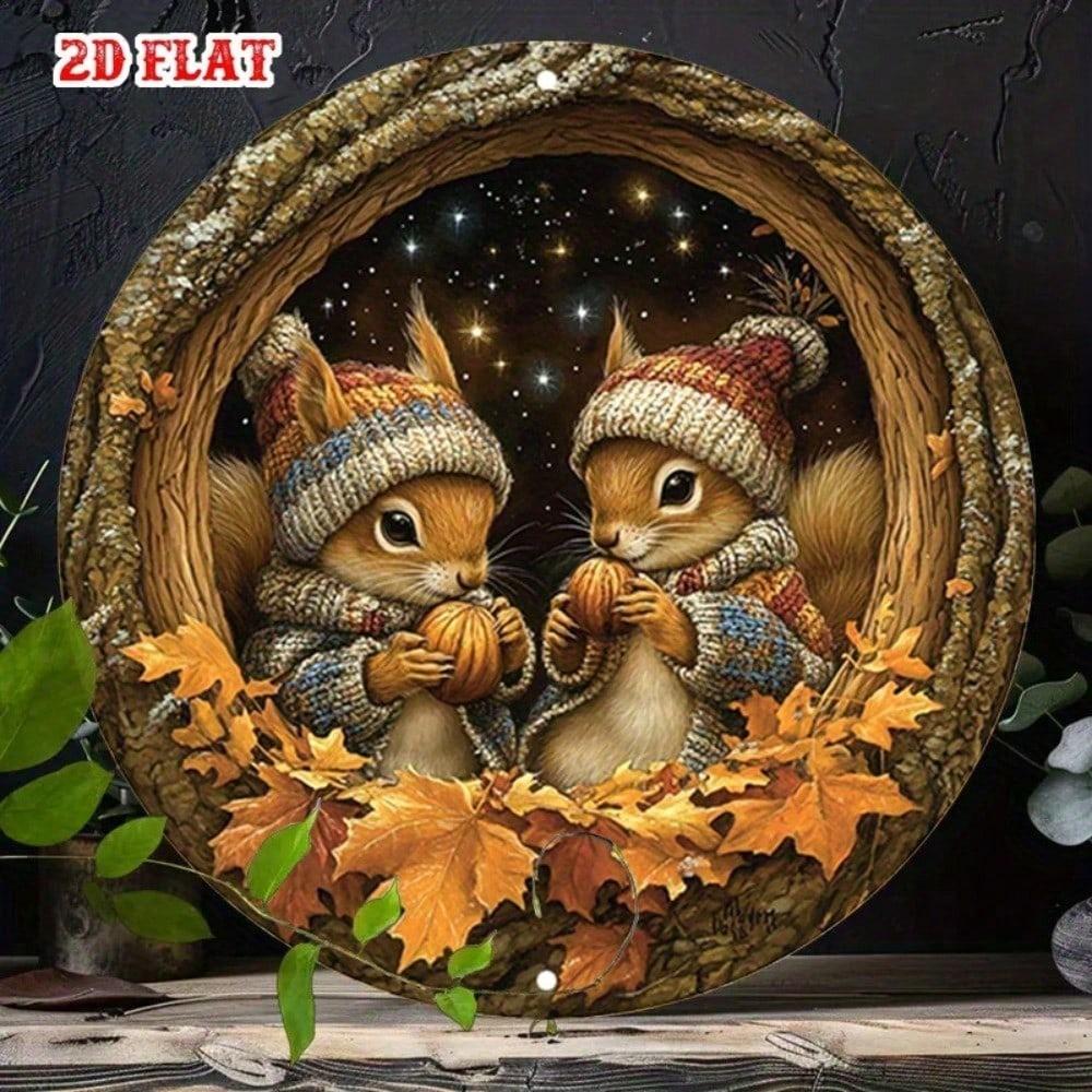 

[Upgraded 2D Flat] 1pc Round Aluminum Sign Winter Squirrel Nut Rustic Metal Wall Art Home Decor 7.87x7.87 Inch 20x20 разноцветный