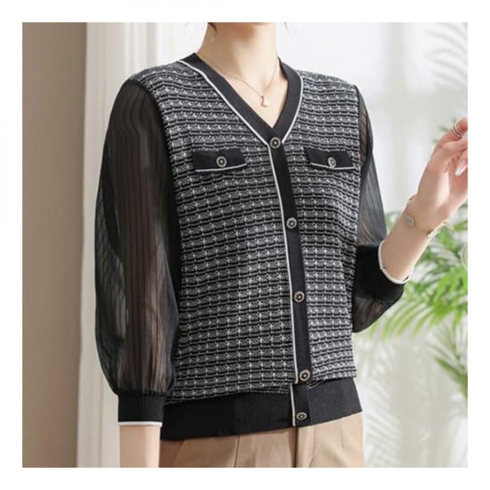 NaVaVa Women S Check See Through V Neck 7 8 SleeVeS Knitted Sweater Nk2024