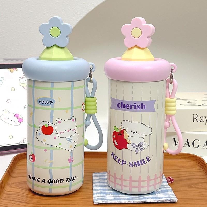 Cute Cat Theme 600ml Stainless Steel Insulated Travel Mug With Straw For Kids And Adults