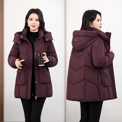 Removable Hat Winter New Women's Medium and Long Cotton Clothes Thickened Loose Warm Middle-aged and Elderly Cotton-padded Clothes Cotton-padded Jacke