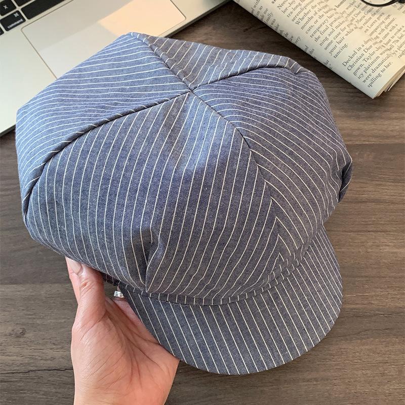 Sommer Literarisch Retro Gestreifter Baskenmütze Für Frauen All-Match Sonnenschutz Atmungsaktiv Großer Kopfumfang Achteckiger Wolkenhut 56-58cm gray