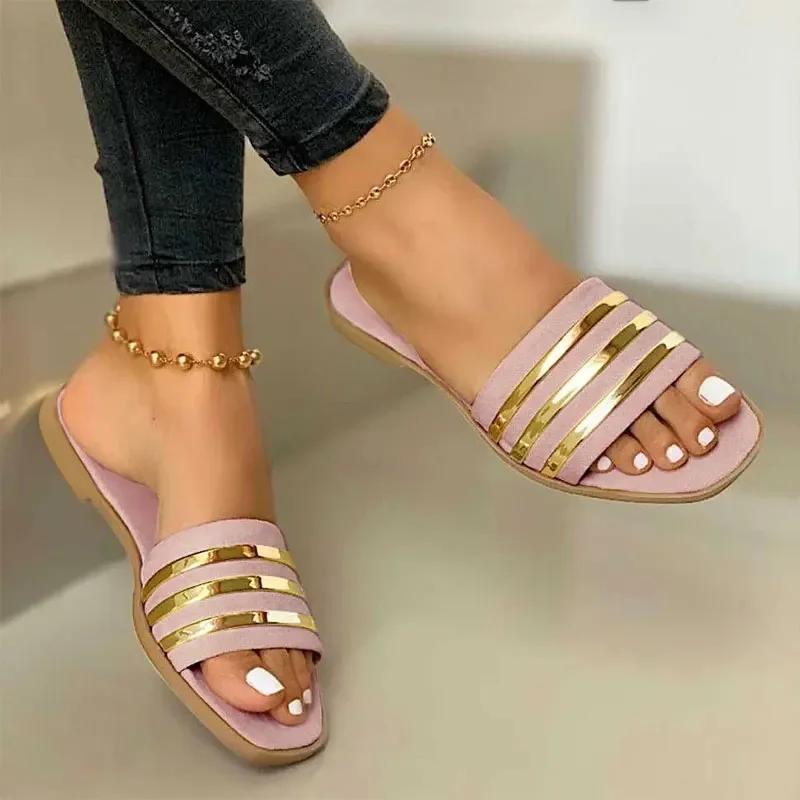Women Slippers 2024 New Metal Striped Summer Flat Shoes Fashion Slip On Slides Outdoor Female Casual Women Sandals Plus Size 43