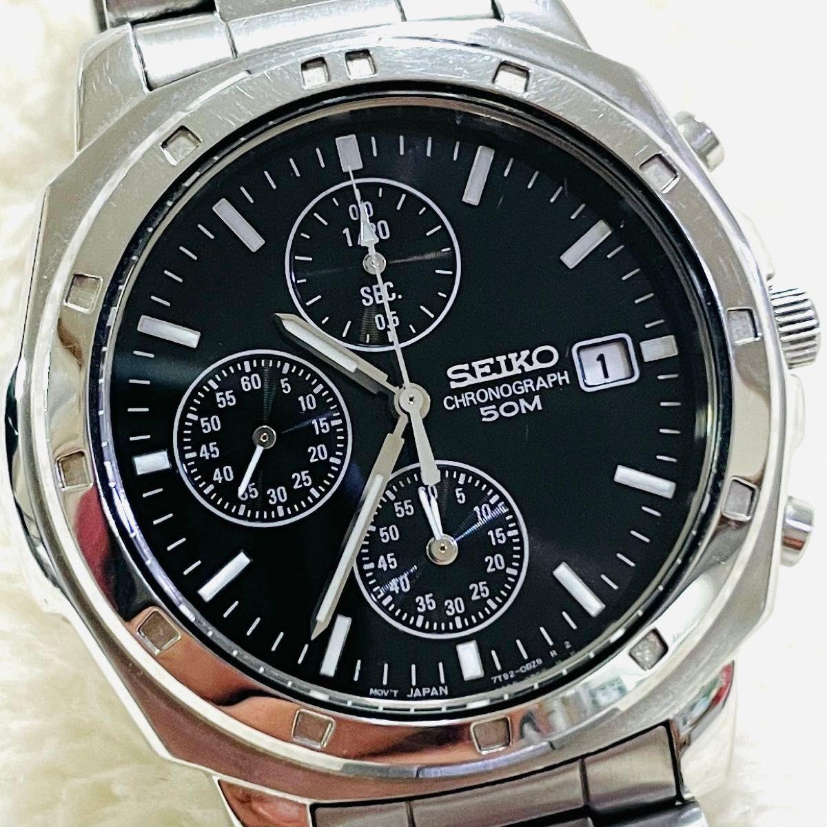 Used [Operation] SEIKO 7T92-0CA0 Chronograph Black Dial Water Resistant to 50m