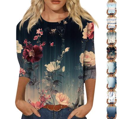 Damenmode Locker Lässig Siebenärmel Bedrucktes Rundhals-Oberteil