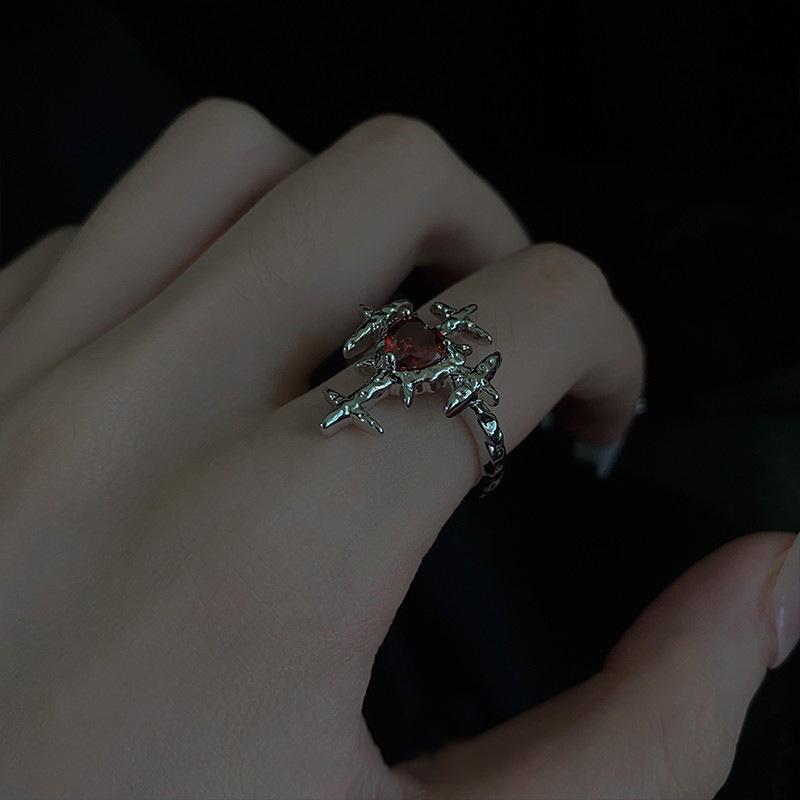 Design Sense Darkblood Cross Ring Niche Ruby Zircon Ring Personality French High-End Jewelry