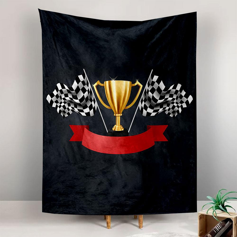 Golden Trophy Cup Checkered Racing Flags Wall Tapestry Champion Winner Motorsport Art Decor for Garage Man Cave