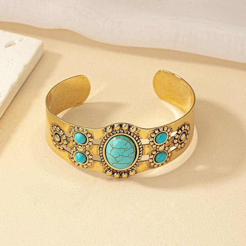 Vintage Bohemian Artificial Inlaid Turquoise Cuff Bangle for Women Men Personality Creative Design Bangles Jewelry Gift
