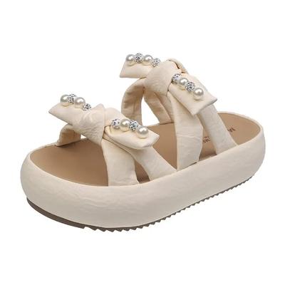 Schuhe Hausschuhe Plateau Pantoletten Mode Perlen Pantoletten Damen Schleife Flach Luxus Sommer Weich 2025 Perlen