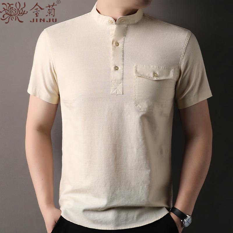 Men s Cotton Linen Stand Collar Short Sleeve T-shirt M