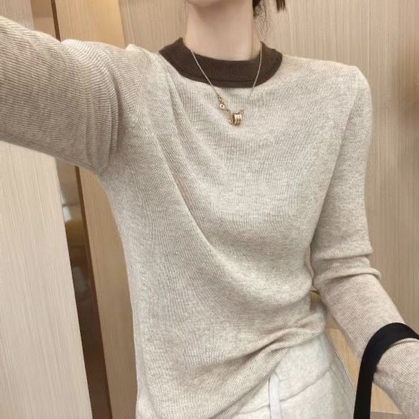 Round Neck Sweater Base Sweater Contrasting Color Design Autumn and Winter Korean Version Fashionable Loose and Slimming Knit Sweater Top for Women