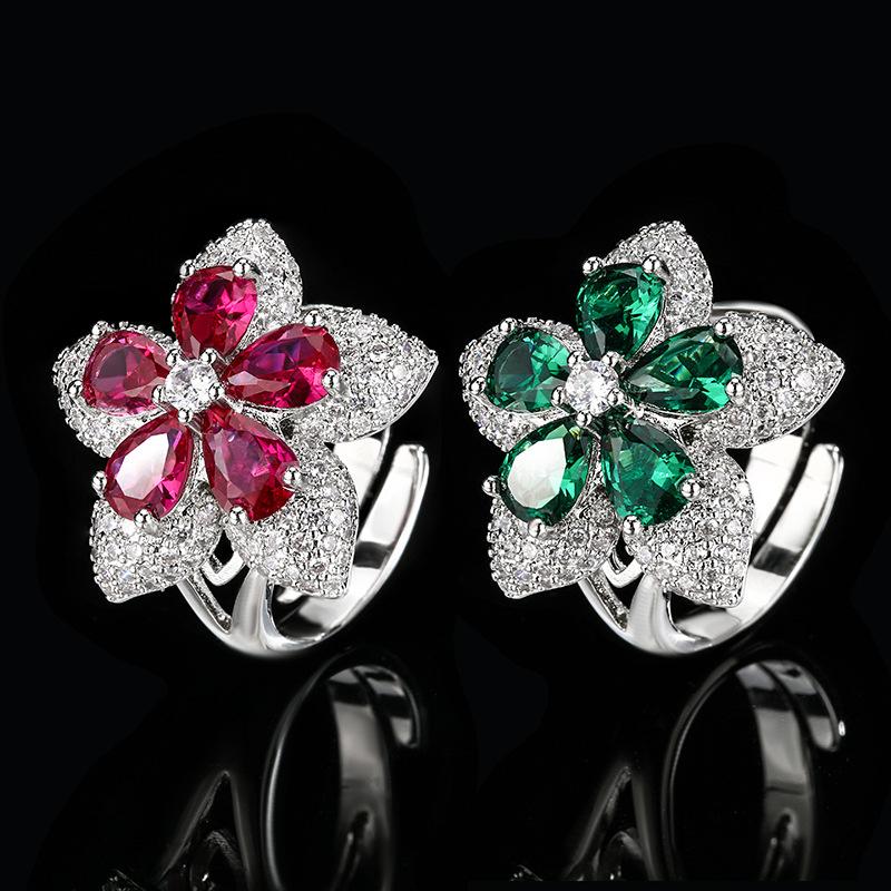 Jewelry Accessories Open-door Rings Lucky Five-star Flower Red Zircon High-end Fashion Style Women